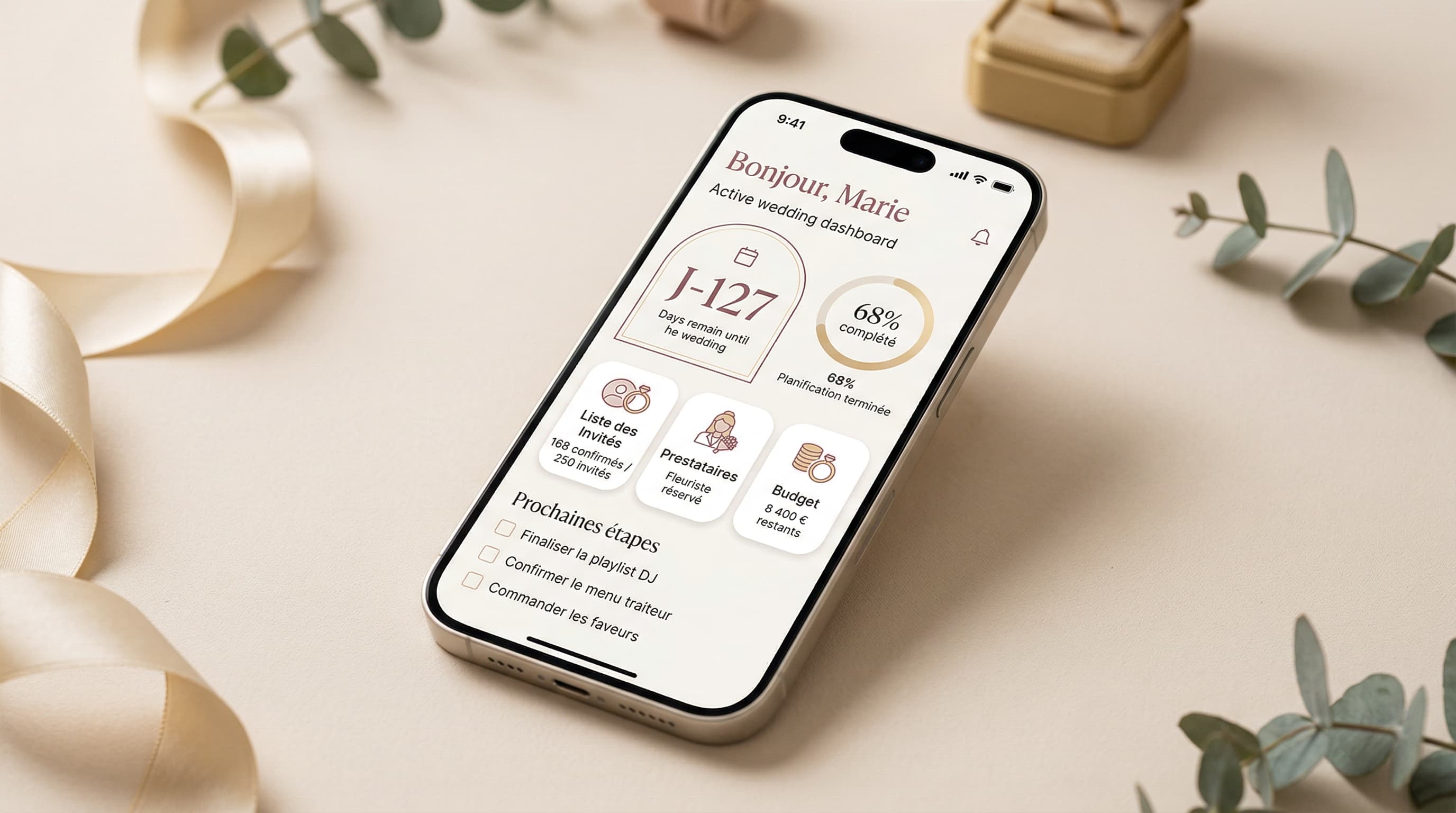 Aperçu du dashboard Nuptia sur iPhone