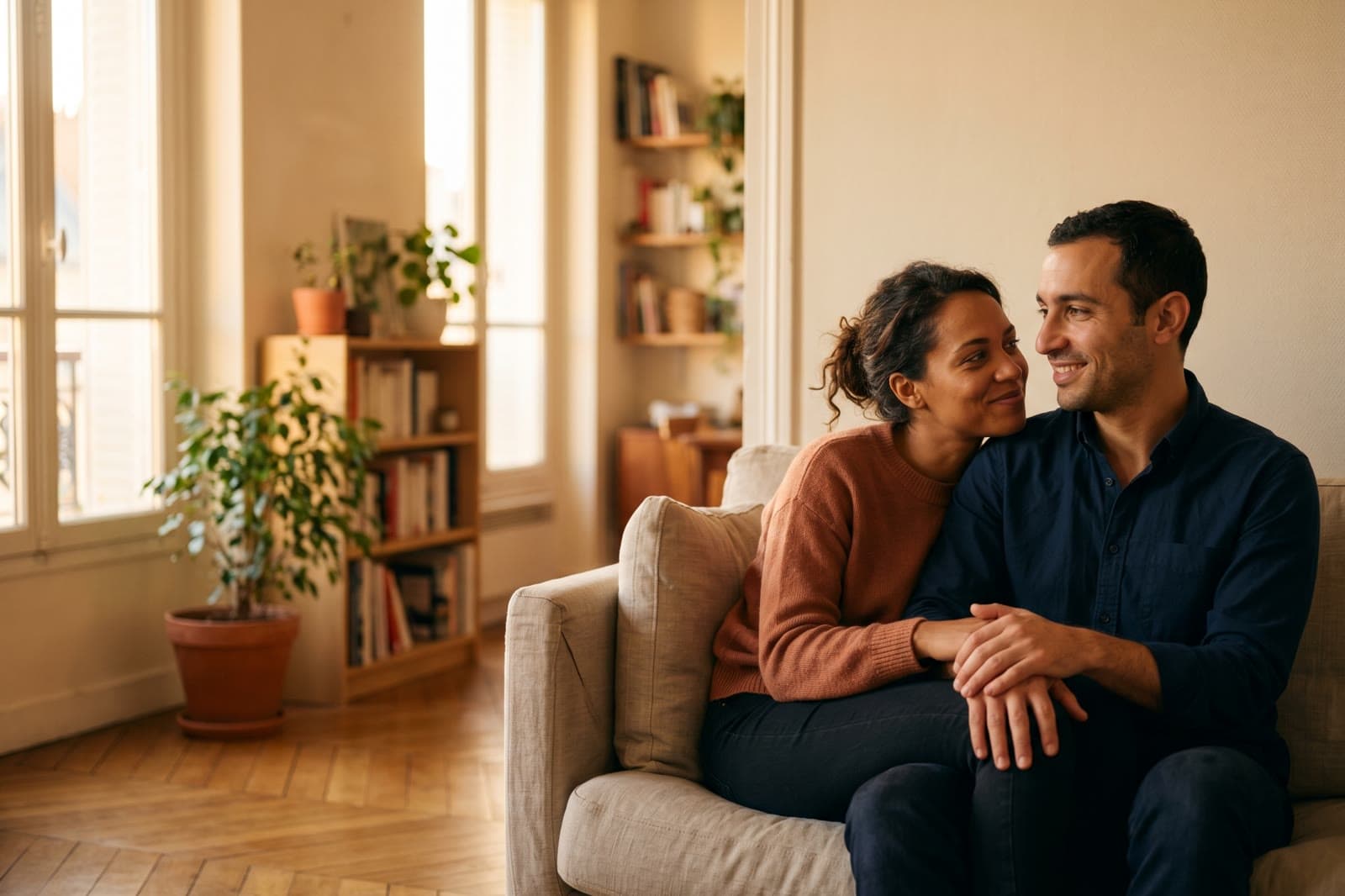 Un couple complice prépare son mariage à deux, à la maison.