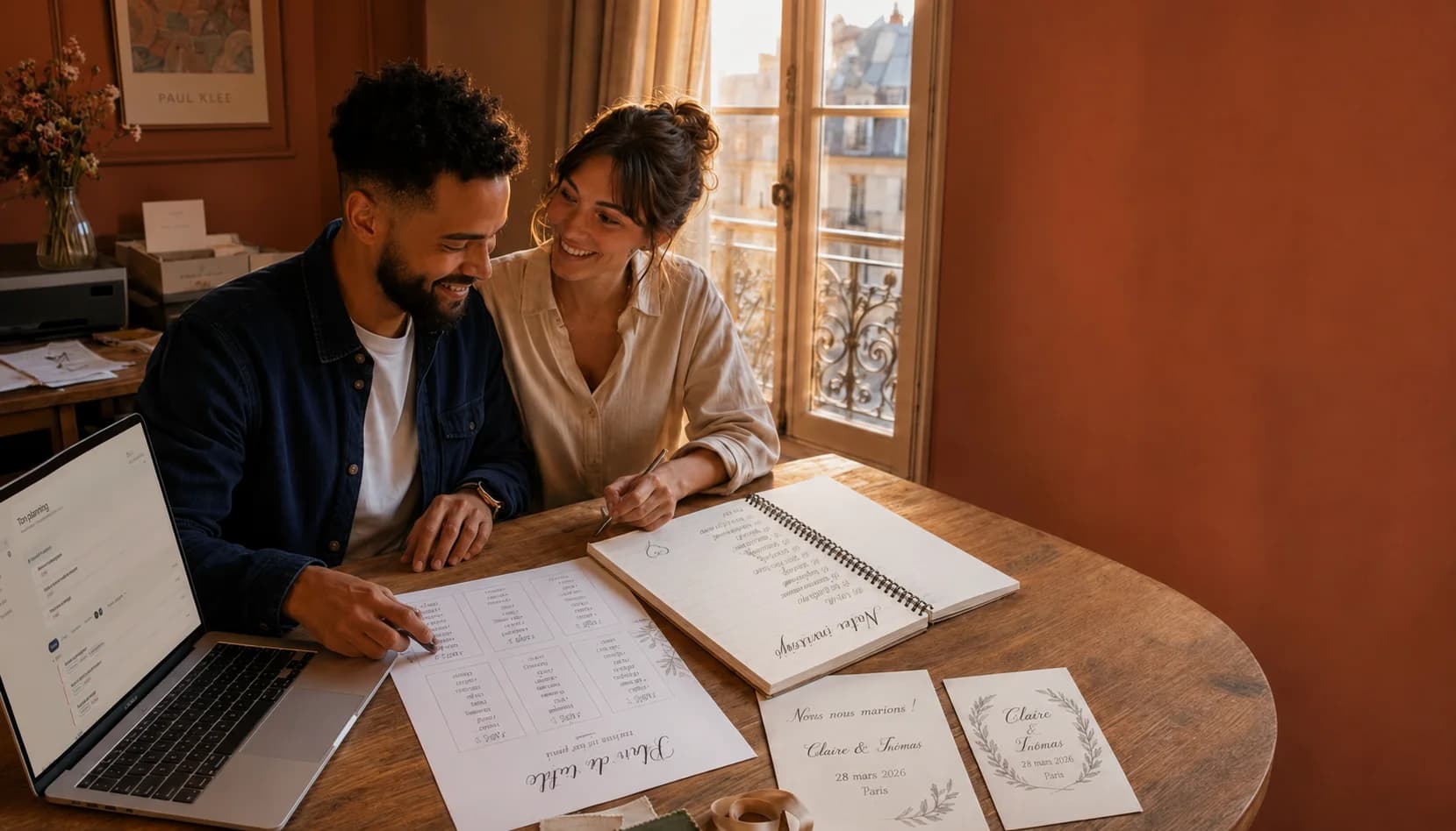 Un couple complice prépare son mariage à deux, à la maison.