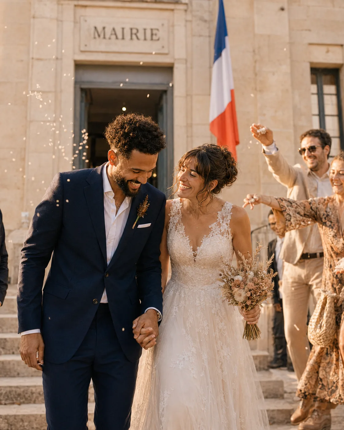 Le couple sort de la mairie après la cérémonie civile, entouré de quelques proches.
