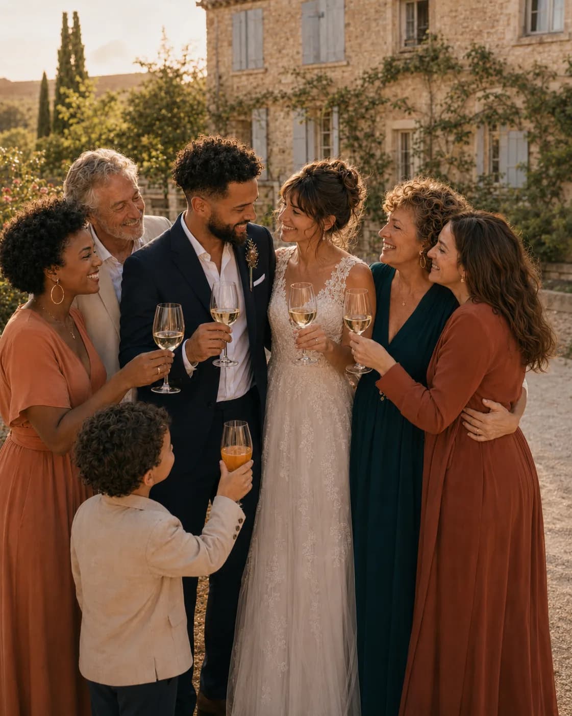Le couple trinque au vin d'honneur, entouré de ses invités.