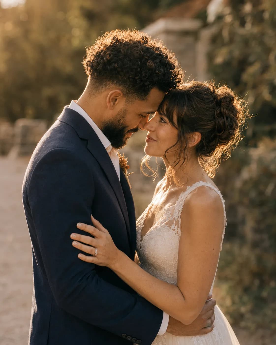 Le couple partage un moment à deux, à l'écart, le jour du mariage.